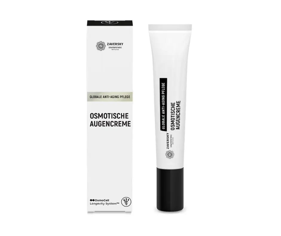 Zaversky Stadtapotheke Osmotische Augencreme, weiße Tube mit schwarzem Deckel neben weißer Faltschachtel, globale Anti-Aging Pflege