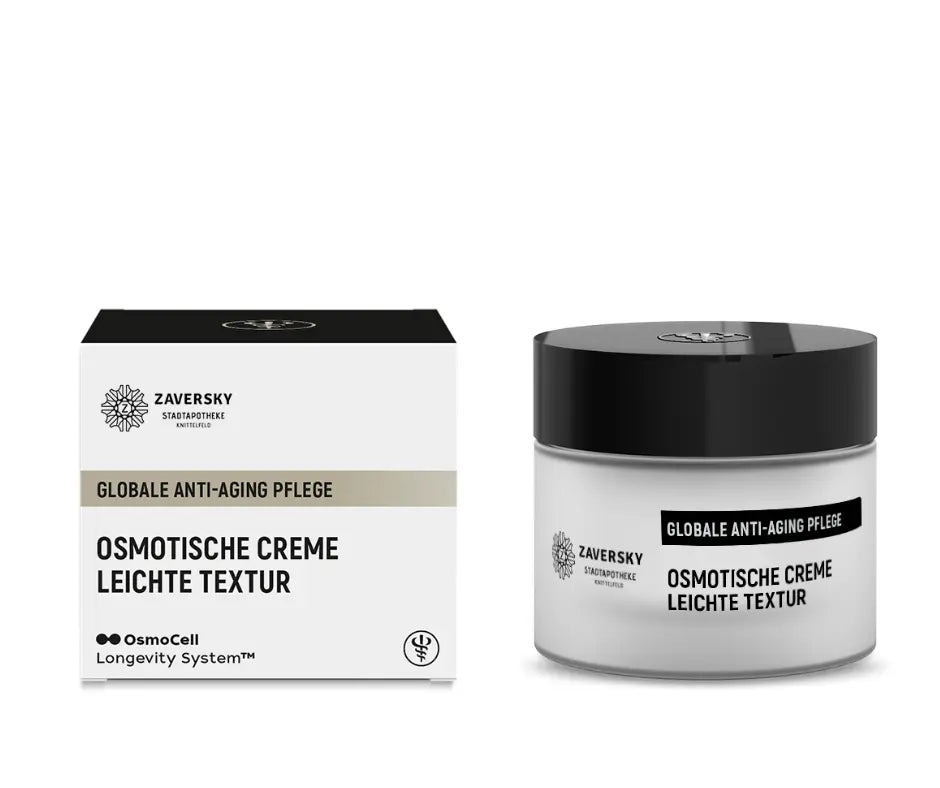 Zaversky Stadtapotheke Osmotische Creme Leichte Textur, globale Anti-Aging Pflege im weißen Tiegel mit schwarzem Deckel neben Faltschachtel