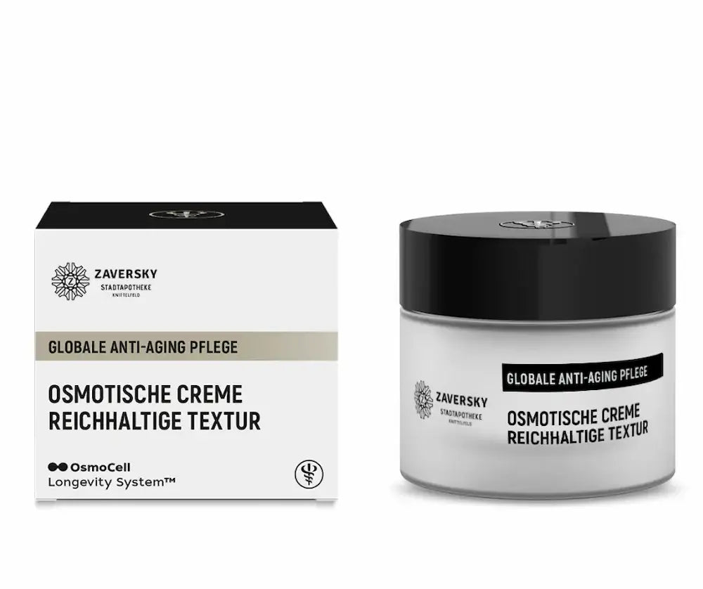 Zaversky Osmotische Creme reichhaltige Textur, weißer Tiegel mit schwarzem Deckel neben Faltschachtel, Globale Anti-Aging Pflege