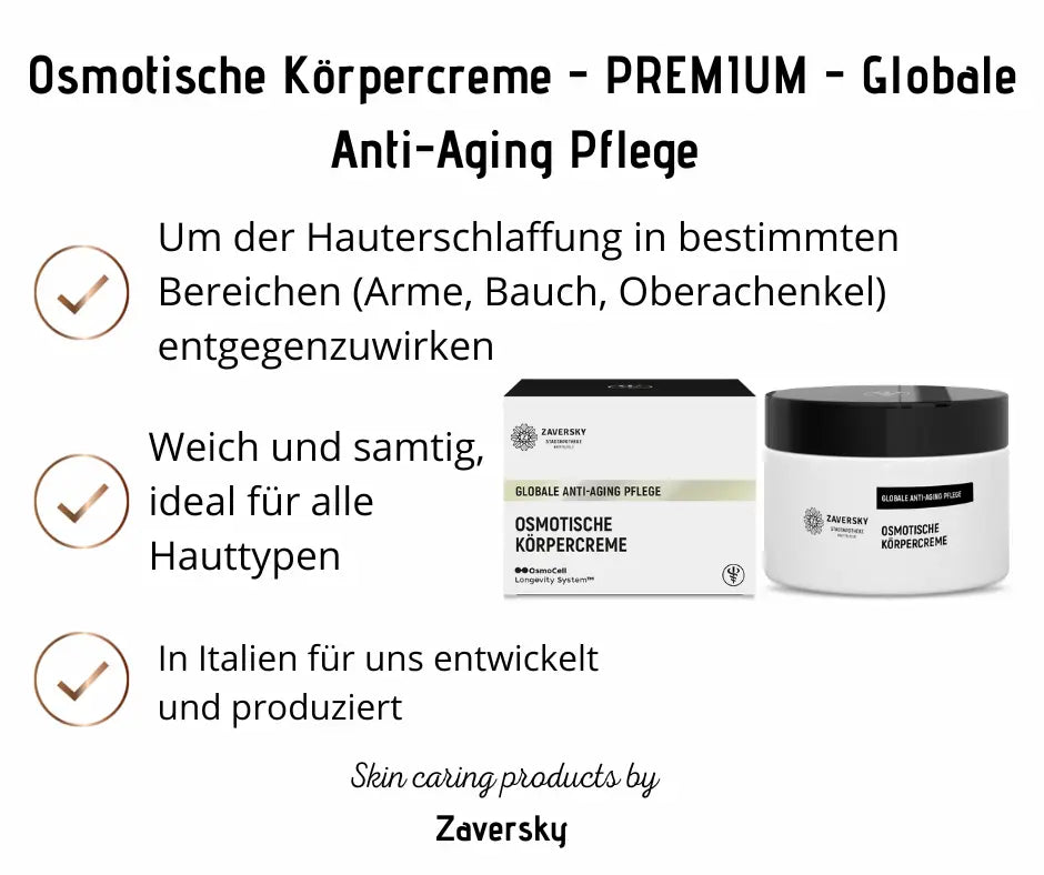 Zaversky Osmotische Körpercreme Premium mit weißem Tiegel und Verpackung, globale Anti-Aging Pflege für alle Hauttypen