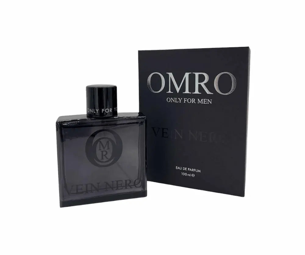 OMRO Vein Nero Only for Men Eau de Parfum 100 ml in schwarzem Flakon neben schwarzer Verpackung, Vorderansicht