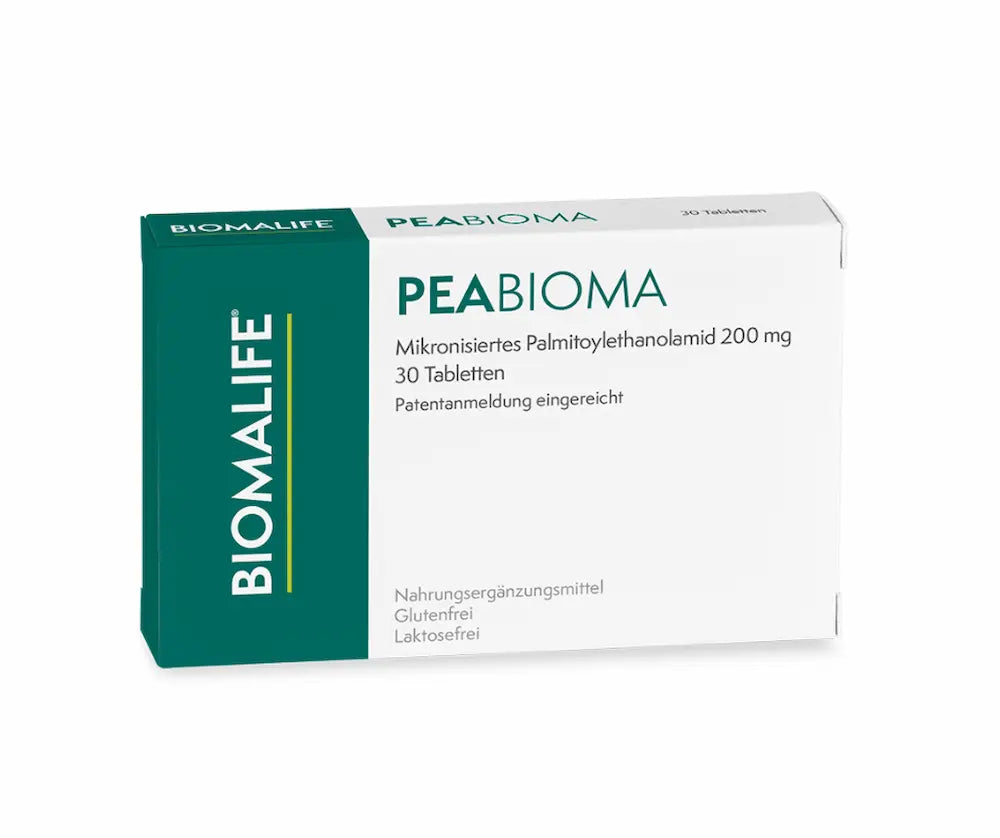 PEABIOMA von Biomalife, mikronisiertes Palmitoylethanolamid 200 mg, 30 Tabletten, glutenfrei und laktosefrei, grün-weiße Faltschachtel