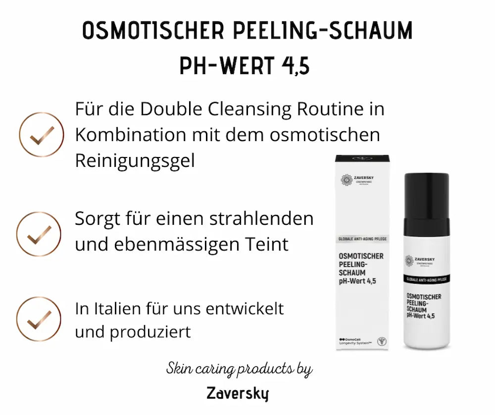 Zaversky Osmotischer Peeling-Schaum pH-Wert 4,5 mit Verpackung und Spenderflasche, Infografik mit Anwendungs- und Produktmerkmalen