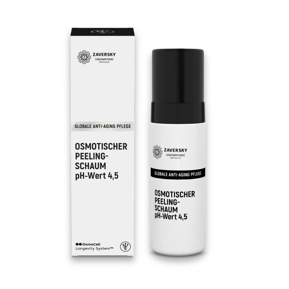 Zaversky Osmotischer Peeling-Schaum pH-Wert 4,5 im weißen Spender mit schwarzer Kappe, daneben die weiß-schwarze Faltschachtel