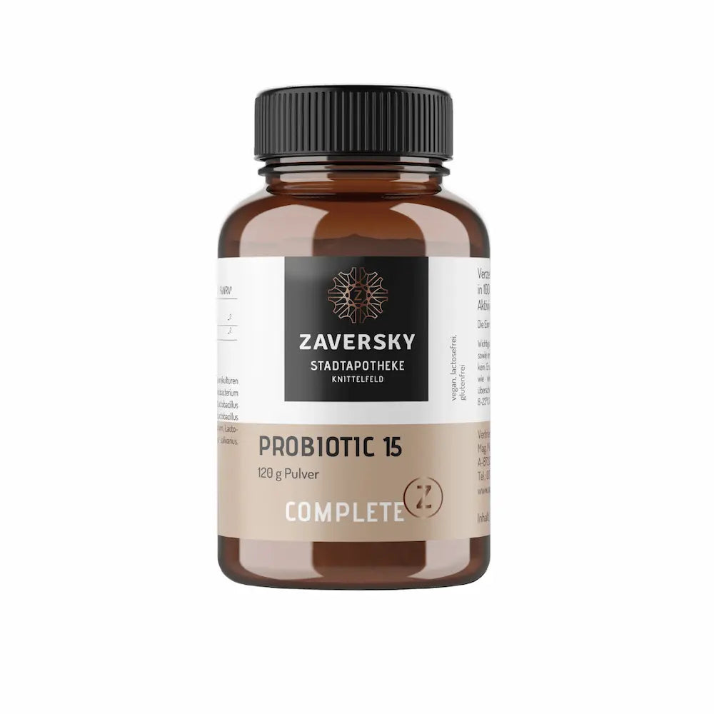 Braune Pulverdose Probiotic 15 von Zaversky Complete Z, 120 g Pulver, mit schwarzem Schraubverschluss und Etikett vegan, lactosefrei, glutenfrei.