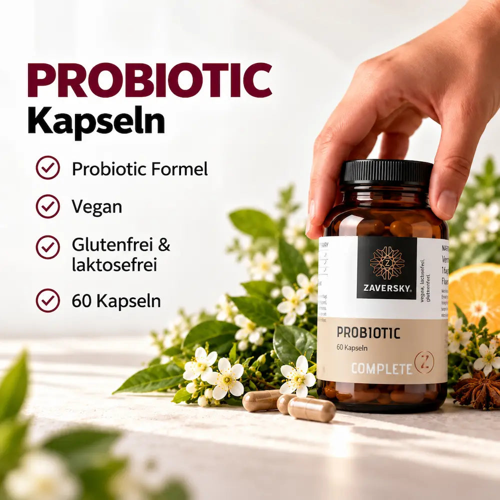 KI generiert - Zaversky COMPLETE Z Probiotic 60 Kapseln, braunes Glas in der Hand, Blüten und Kapseln, Hinweise vegan, glutenfrei, laktosefrei
