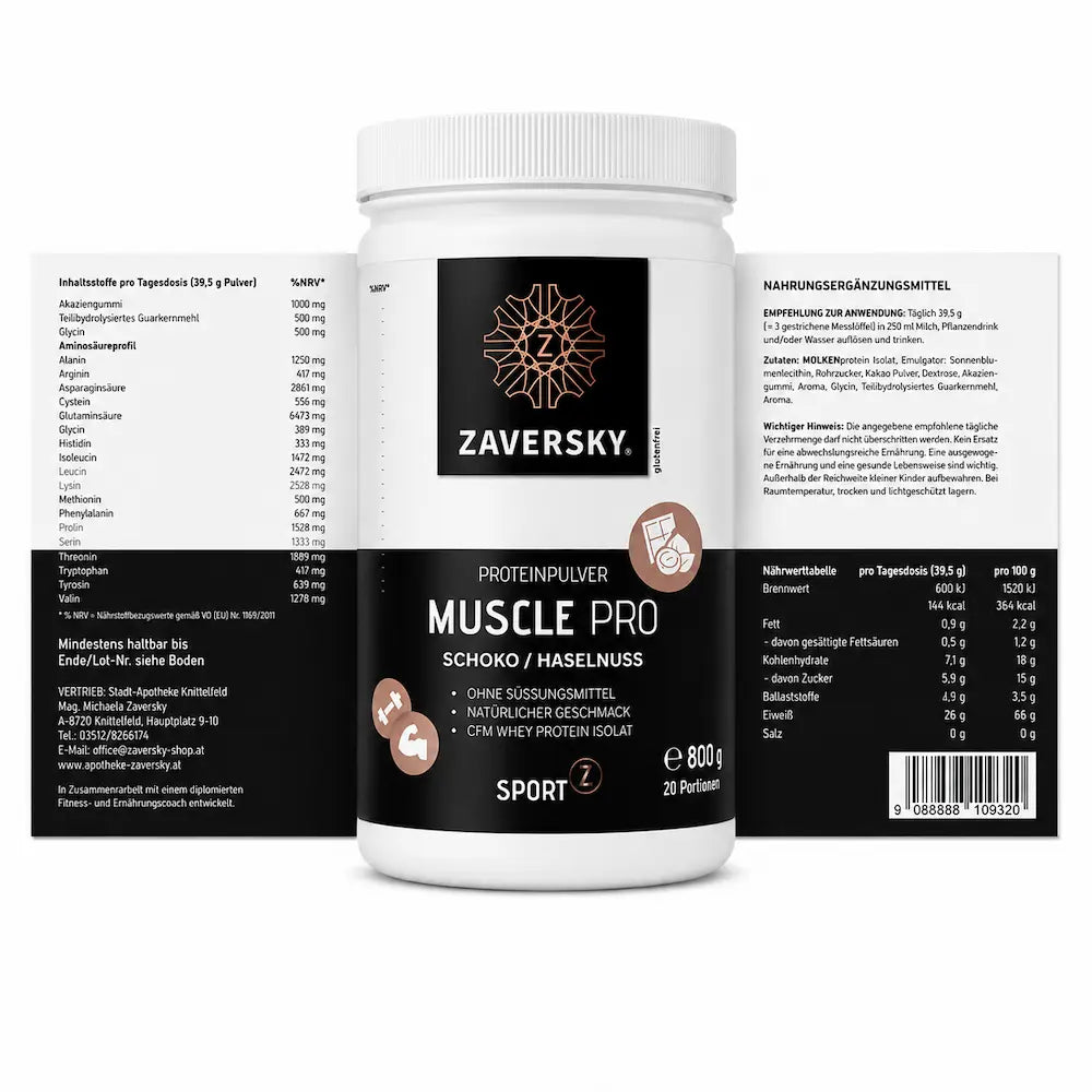 Zaversky Muscle Pro Proteinpulver Schoko/Haselnuss in weißer 800-g-Dose mit schwarzem Etikett, daneben Inhaltsstoff- und Nährwerttabelle
