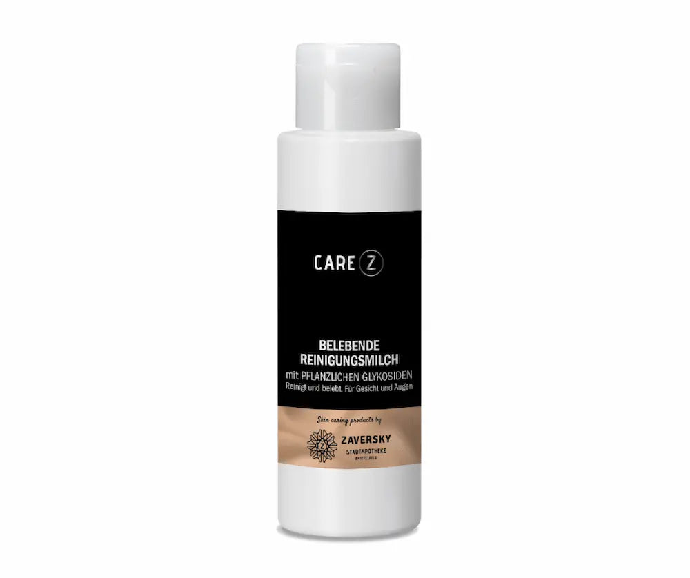 CARE Z Belebende Reinigungsmilch mit pflanzlichen Glykosiden, weiße Flasche mit Klappdeckel, schwarz-beigem Etikett, für Gesicht und Augen, 400 ml.