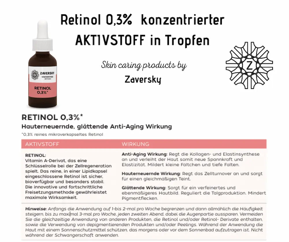 Infografik zu Retinol 0,3% Aktivstoff-Tropfen von Zaversky mit brauner Tropferflasche, Wirkstofftabelle und Anti-Aging-Wirkung