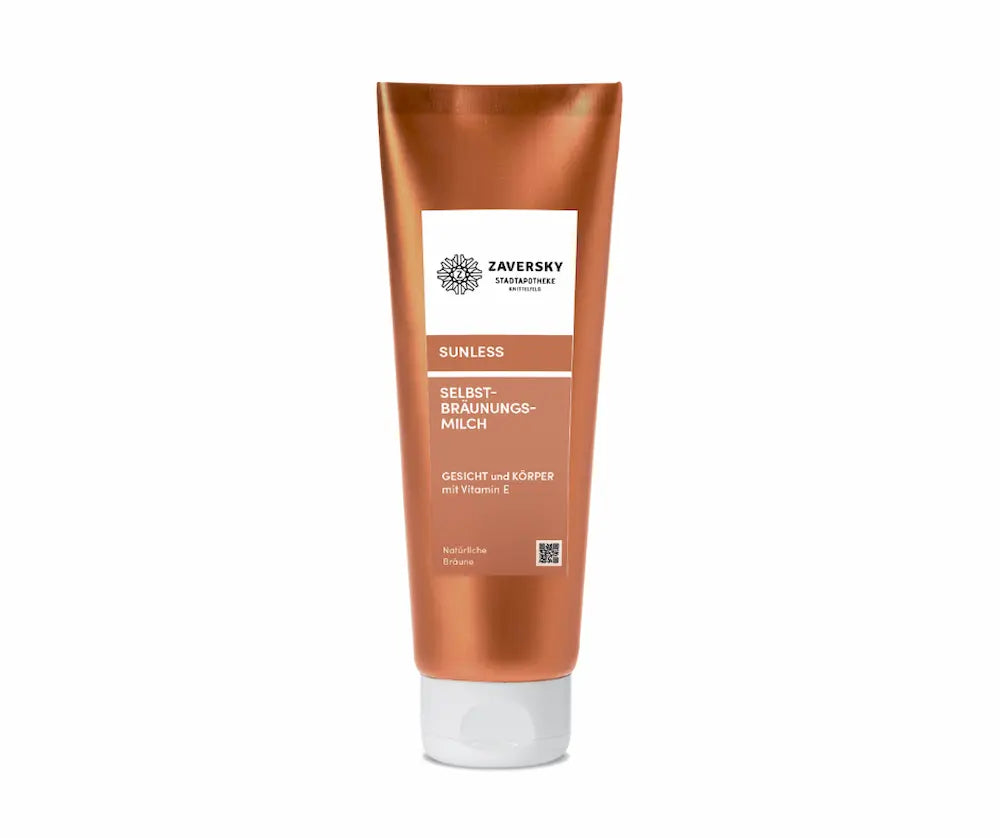 Zaversky Sunless Selbstbräunungsmilch in kupferfarbener Tube für Gesicht und Körper mit Vitamin E, weißer Verschluss
