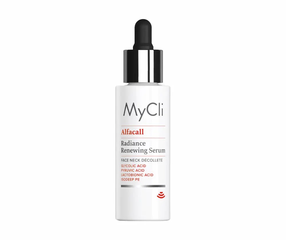 MyCli Alfacall Radiance Renewing Serum in weißer Tropfflasche mit schwarzer Pipette, für Gesicht, Hals und Dekolleté