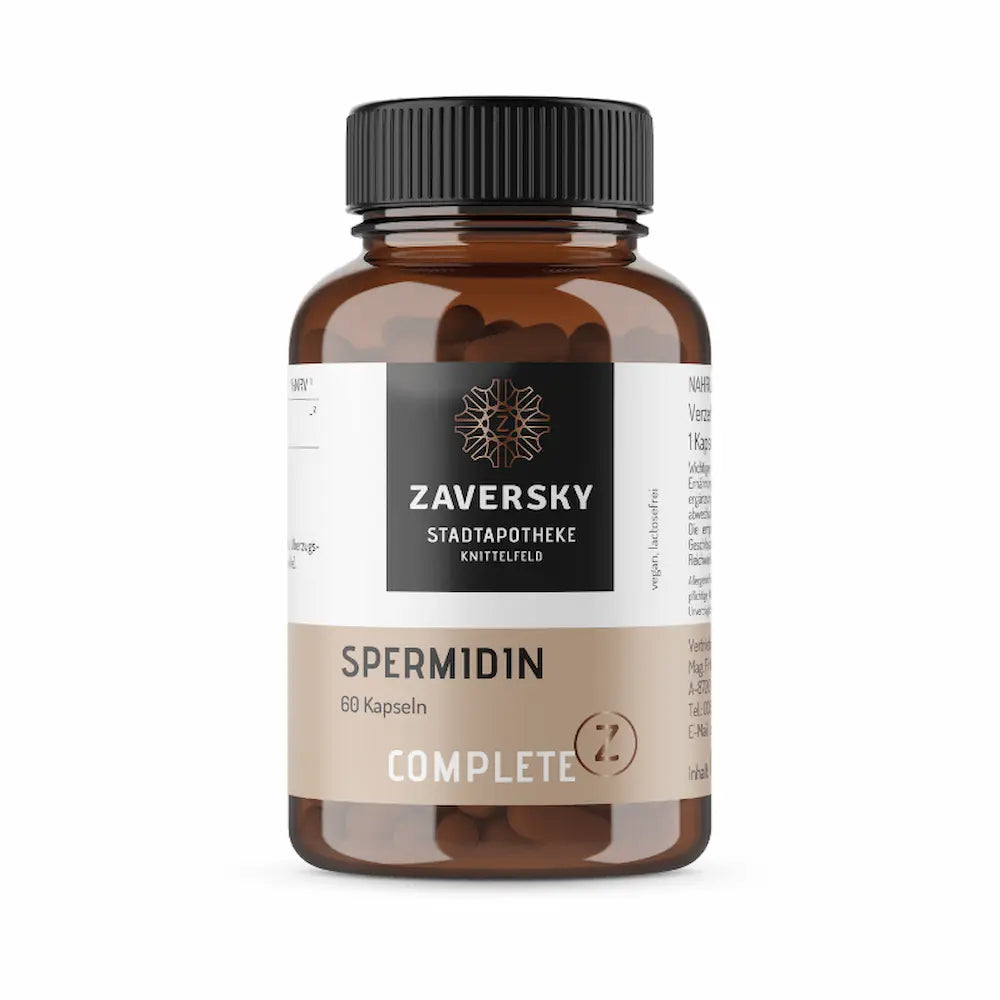Spermidin Complete von Zaversky Stadtapotheke Knittelfeld, braune Glasflasche mit 60 Kapseln, vegan und lactosefrei, Vorderansicht