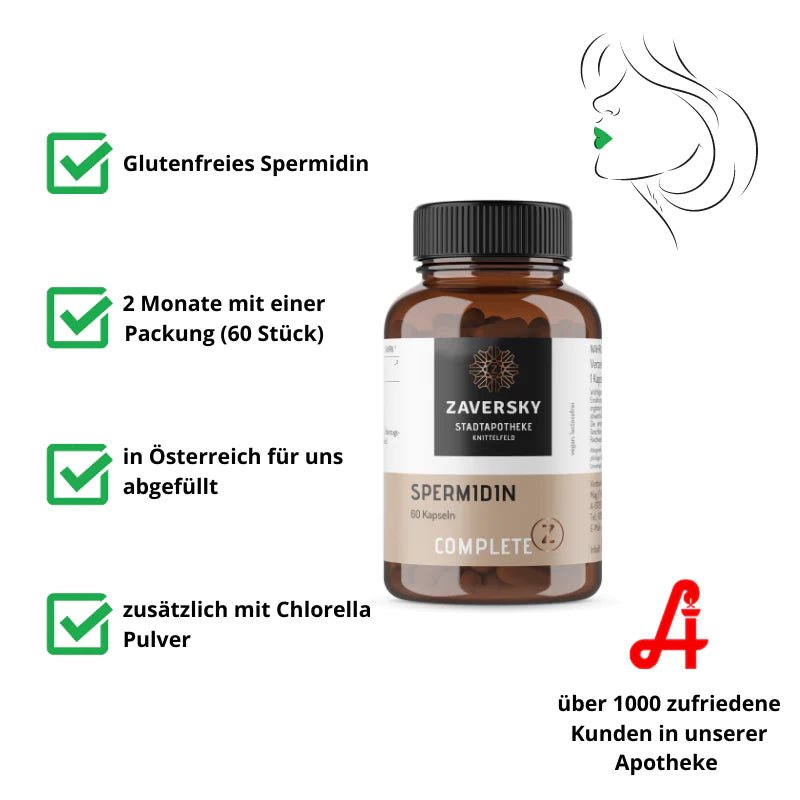 Braunglas mit Zaversky Spermidin Complete, 60 Kapseln, daneben Hinweise glutenfrei, mit Chlorella Pulver, in Österreich abgefüllt