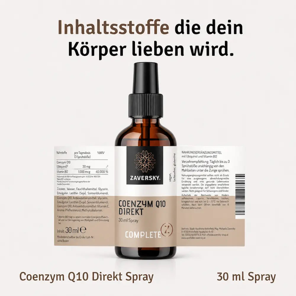 Coenzym Q10 Direkt Spray von Zaversky in 30 ml Braunglasflasche mit Sprühkopf, daneben ausgebreitetes Etikett mit Nährwerten.