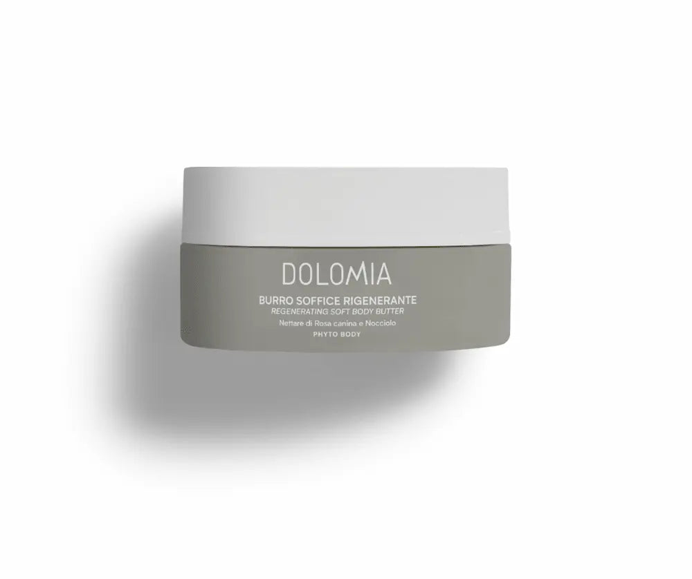 Dolomia Burro Soffice Rigenerante Körperbutter im grau-weißen Tiegel mit weißem Deckel, Phyto Body Linie, Vorderansicht