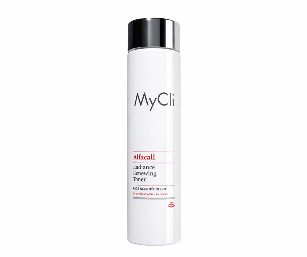 MyCli Alfacall Radiance Renewing Toner in weißer Flasche mit schwarzem Deckel, 2% Glycolic Acid, für Gesicht, Hals und Dekolleté