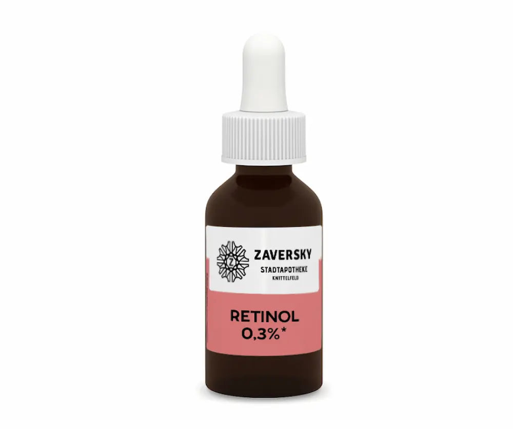 Zaversky Retinol 0,3% in brauner Tropfenflasche mit weißer Pipette und rosa-weißem Etikett, Vorderansicht