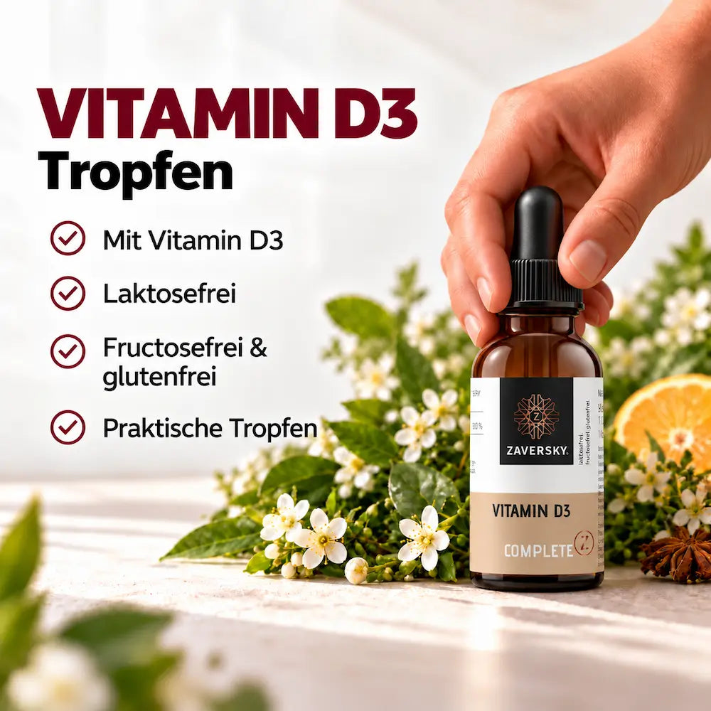 KI generiert - Zaversky Vitamin D3 Tropfen Complete Z in brauner Pipettenflasche mit Blüten, daneben Hinweise: laktosefrei, fructosefrei, glutenfrei