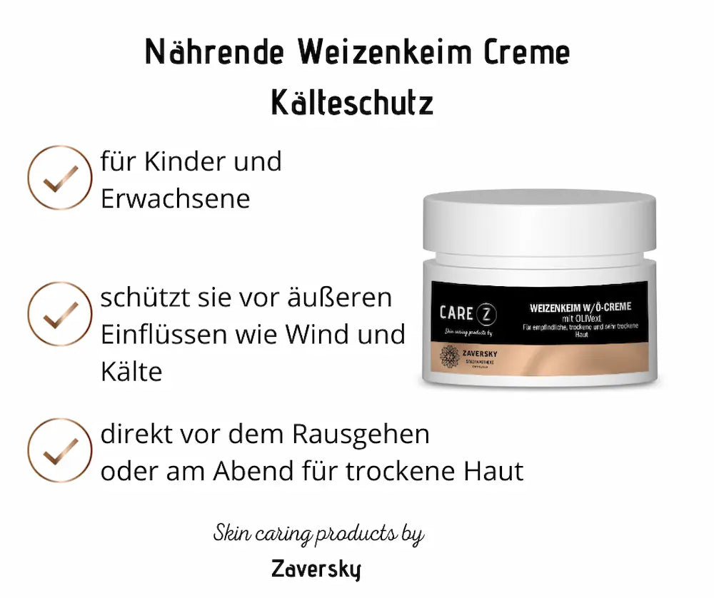 Infografik zur CARE Z Weizenkeim W/Ö-Creme Kälteschutz im weißen Tiegel von Zaversky mit Hinweisen für Kinder und Erwachsene sowie trockene Haut