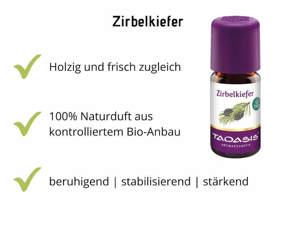 Taoasis Zirbelkiefer Naturduft in brauner Tropfflasche mit lila Kappe, Infografik mit Bio-Hinweis und Wirkungen wie beruhigend und stärkend