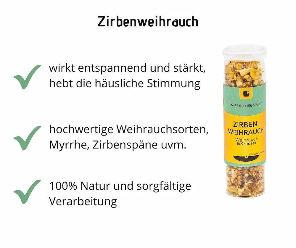 Infografik Zirbenweihrauch im Glasstreuer mit gelb-grünem Etikett, dazu Vorteile: entspannend, Weihrauch, Myrrhe, Zirbenspäne, 100% Natur