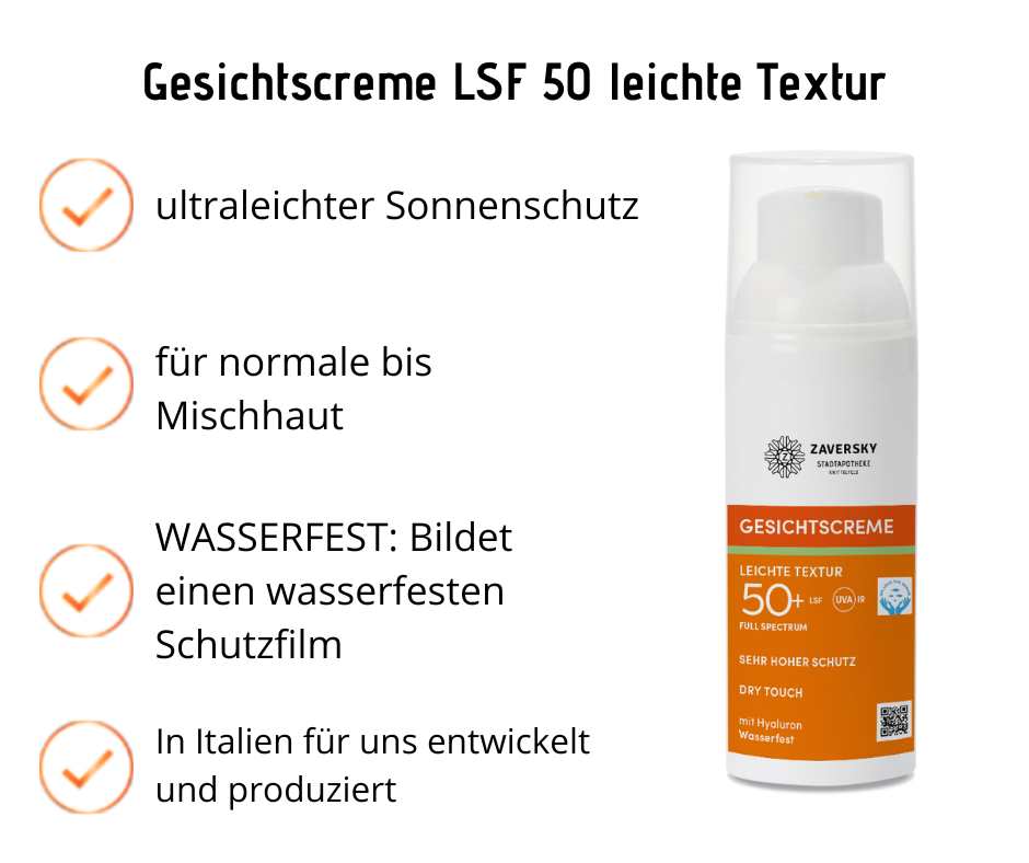 Gesichtscreme LSF 50 leichte Textur - mit Hyaluron, wasserfest, sehr hoher Schutz bei Apotheke Zaversky