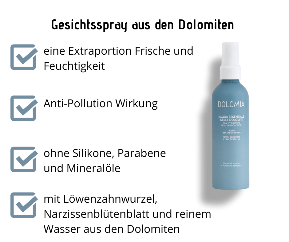 Gesichtsspray aus den Dolomiten - eine Extraportion Frische und Feuchtigkeit, Anti - Pollution Wirkung - Kosmetika - Apotheke Zaversky