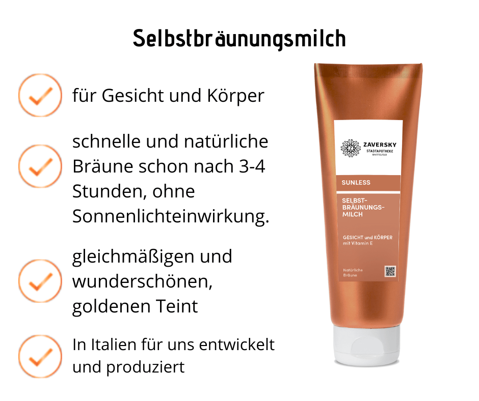 Selbstbräunungsmilch - natürliche Bräune nach 3 bis 4 Stunden, ohne Sonnenlichteinwirkung - Kosmetika - Apotheke Zaversky