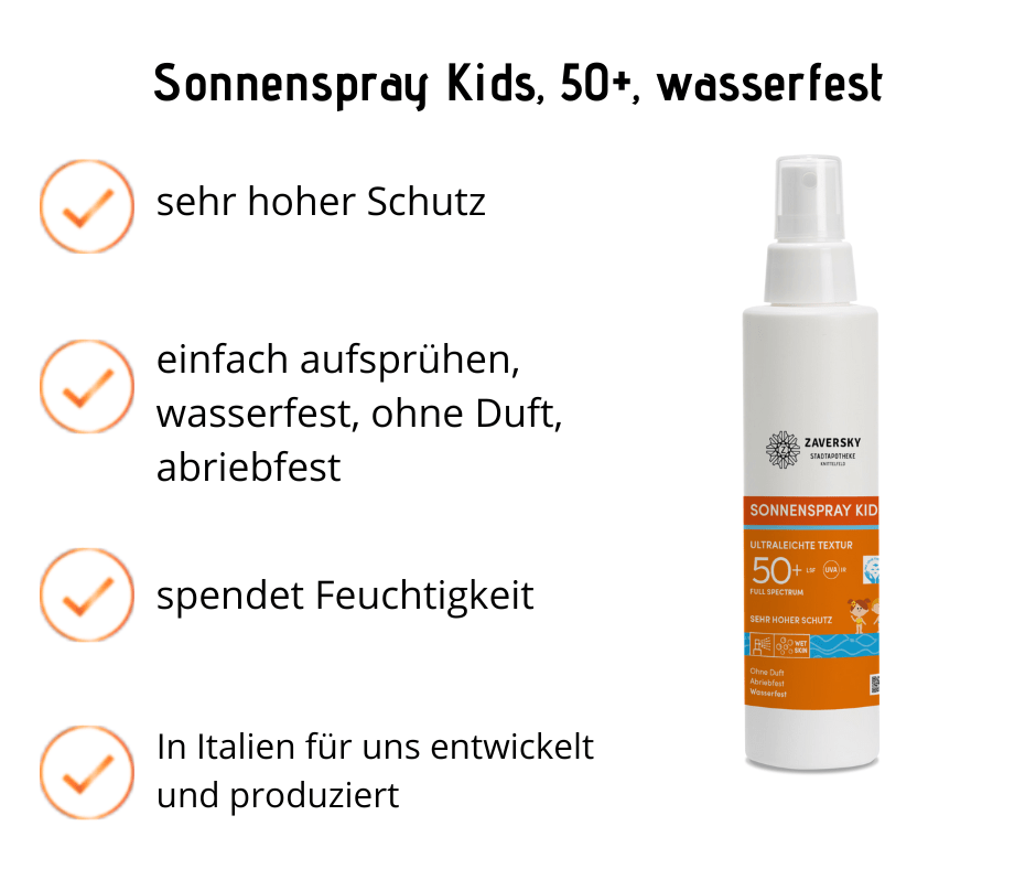 Sonnenspray Kids - leichte Textur, sehr hoher Schutz, ohne Duft, abriebfest, wasserfest - Kosmetika - Apotheke Zaversky