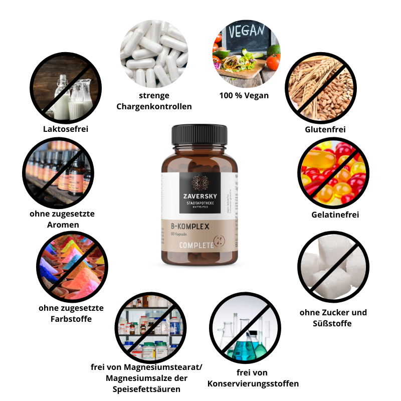 Vitamin B - Komplex - zur Unterstützung des Nervensystems - 60 Stück für 2 Monate - Nahrungsergänzung - Apotheke Zaversky