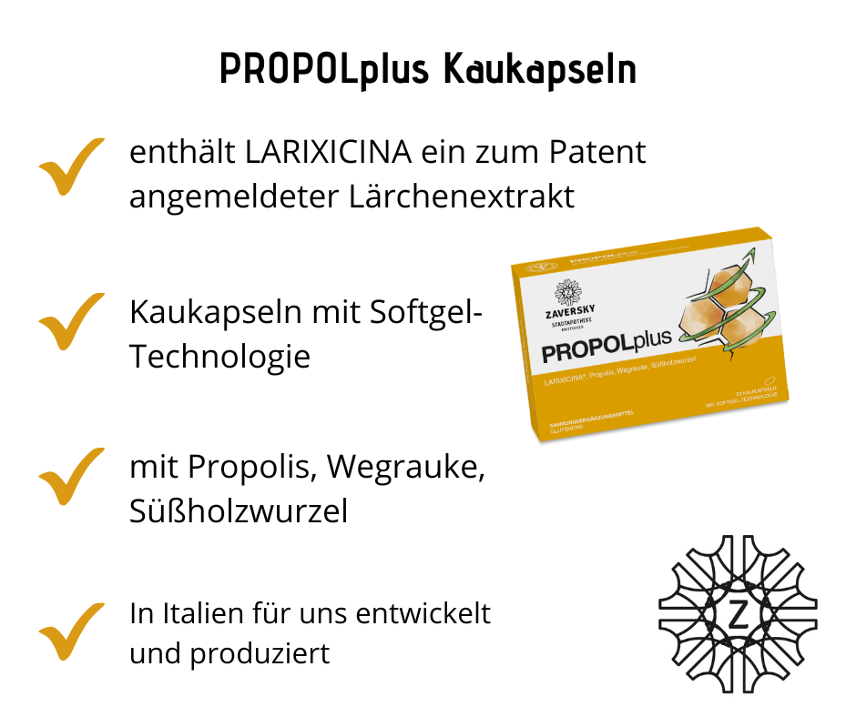 PROPOLplus Kaukapseln mit Lärchenextrakt, Propolis, Wegrauke und Süßholzwurzel bei Apotheke Zaversky