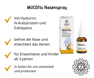 MUCOflu Nasenspray - befeuchtend, überschüssiges Nasensekret wird flüssiger und befreit schnell die Nase bei Apotheke Zaversky
