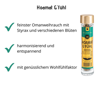 Hoamat G´fühl - Omanweihrauch und Kräutern - harmonisierend, entspannend, Wohlfühlfaktor bei Apotheke Zaversky