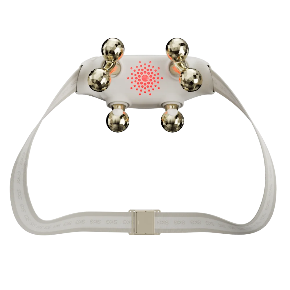 Kopfband-Massagegerät, beige mit sechs goldenen Metallkugeln und LED-Anzeige