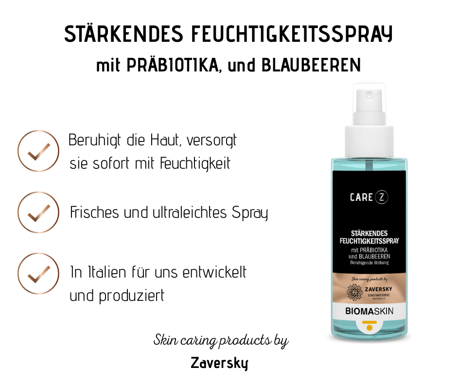 Stärkendes Feuchtigkeitsspray mit Präbiotika und Blaubeeren - beruhigende Wirkung von CareZ bei Apotheke Zaversky