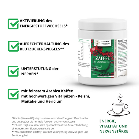 Zaffee - Energiekaffee mit Vitalpilzen für Energie, Vitalität und Nervenstärke