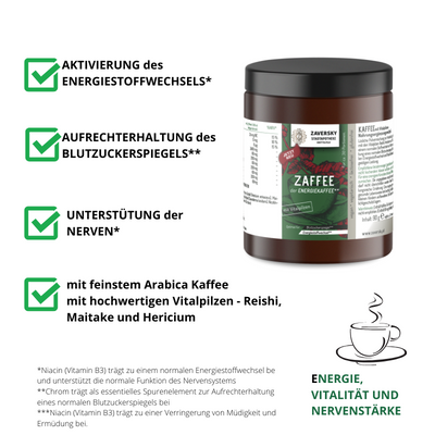 Zaffee - Energiekaffee mit Vitalpilzen für Energie, Vitalität und Nervenstärke bei Apotheke Zaversky