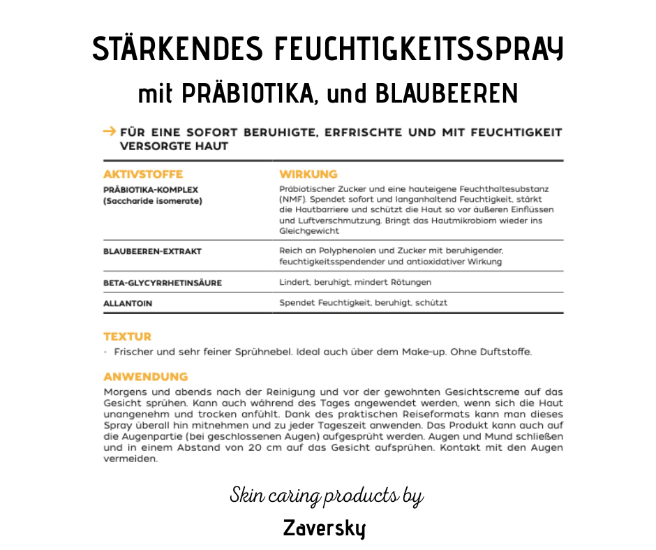 Stärkendes Feuchtigkeitsspray mit Präbiotika und Blaubeeren - beruhigende Wirkung von CareZ bei Apotheke Zaversky
