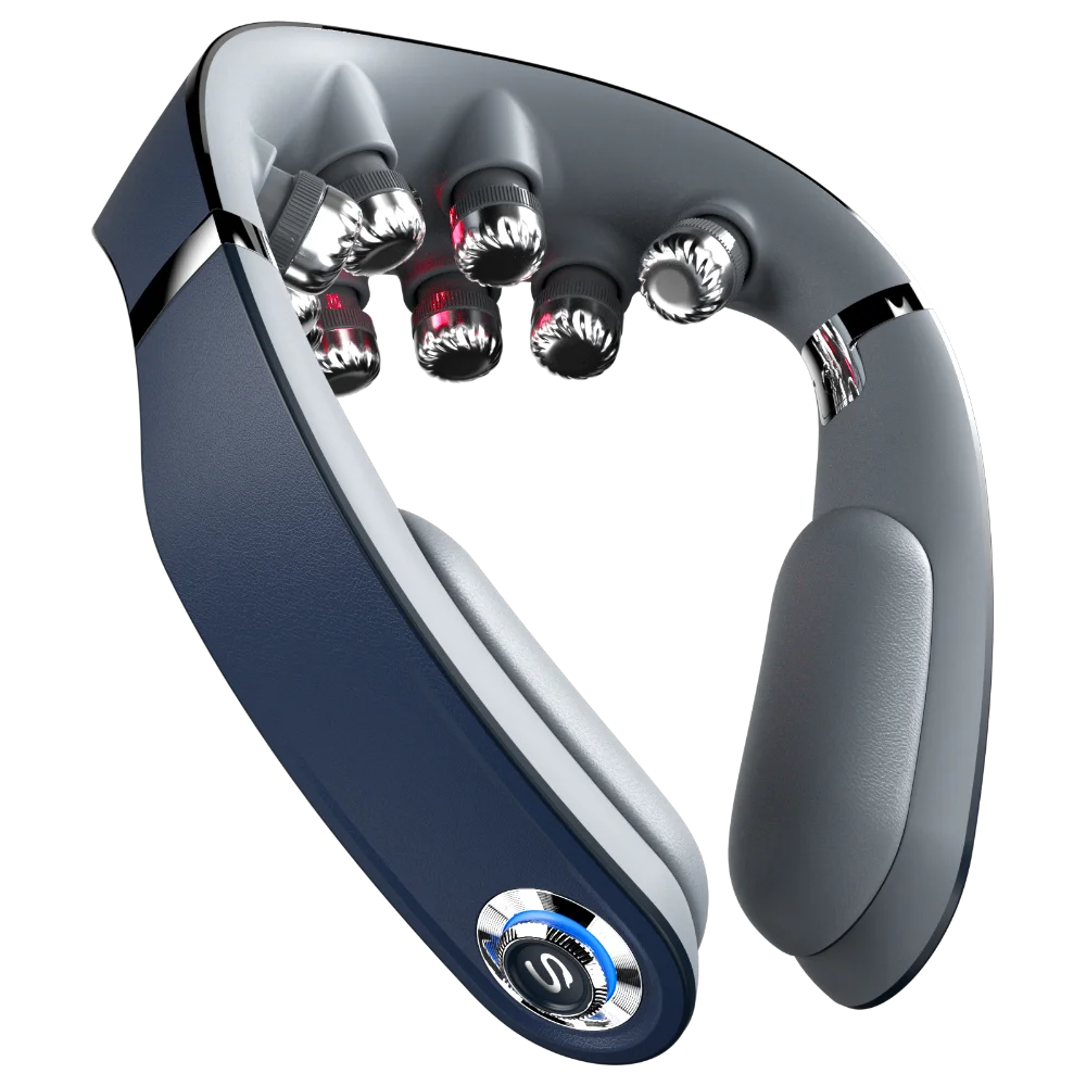 Nackenmassagegerät, dunkelblau-grau mit sechs Metallkugeln und roten LEDs, faltbar