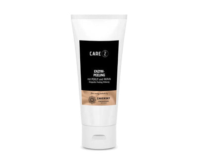 Weiße Tube CARE Z Enzym-Peeling mit Perlit und Papain, Zaversky Stadtapotheke, Vorderansicht mit schwarzem Etikett