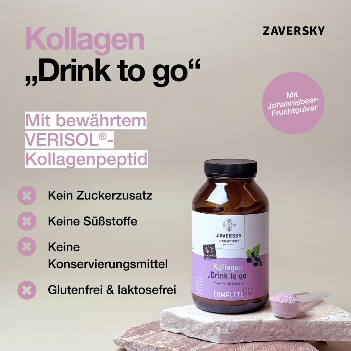 Kollagen "Drink to Go" mit Johannisbeerfruchtpulver - Gratis Produkt bei Apotheke Zaversky