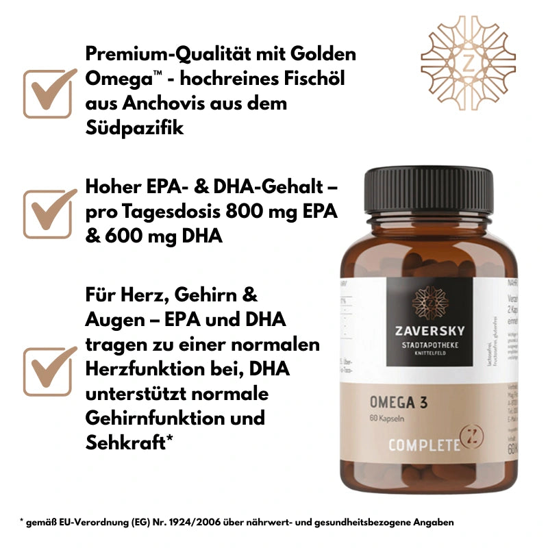 Omega 3 - 60 Kapseln - 2000mg Premium Fischöl pro Tagesdosis mit DHA und EPA bei Apotheke Zaversky