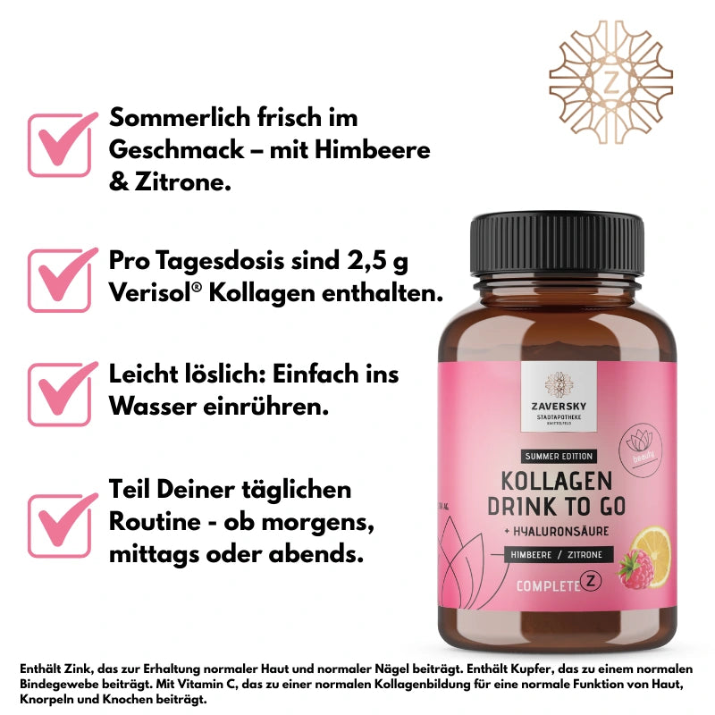 Kollagen Drink to Go "Summer Edition" Himbeer-Zitrone mit Hyaluronsäure (50 Portionen) bei Apotheke Zaversky