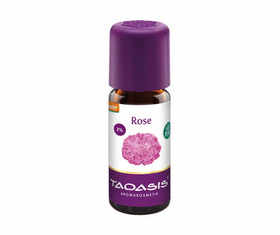 Taoasis Rose 2% Bio ätherisches Öl in brauner Glasflasche mit lila Verschluss, Demeter-zertifiziert, Aromakosmetik