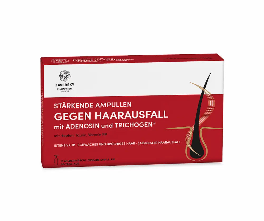 Rot-weiße Verpackung Stärkende Ampullen gegen Haarausfall mit Adenosin und Trichogen, 10 wiederverschließbare Ampullen, 40-Tage-Kur