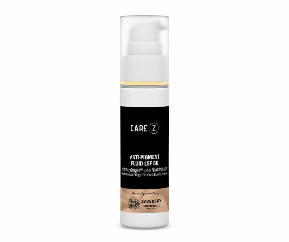 Care Z Anti-Pigment Fluid LSF 50 mit VitisBright und Niacinamid im weißen Pumpspender, Zaversky Stadtapotheke Knittelfeld