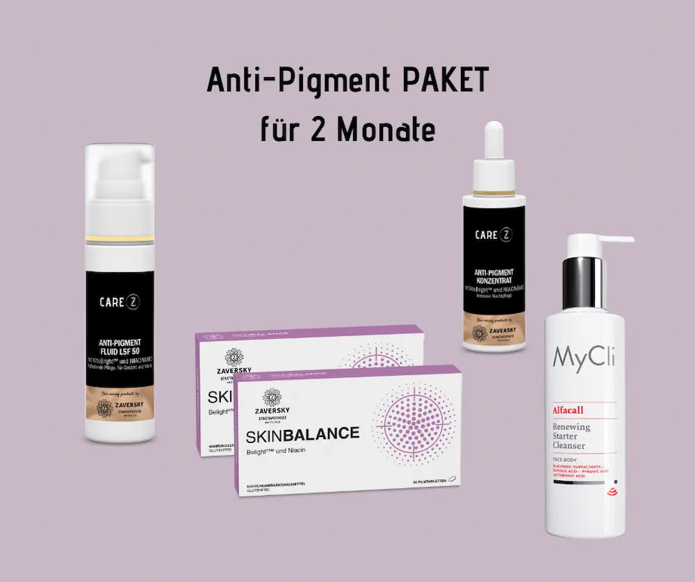 Anti-Pigment Paket für 2 Monate von Zaversky mit Care Z Anti-Pigment Fluid LSF 50, Skinbalance Tabletten, Anti-Pigment Konzentrat und MyCli Alfacall Renewing Starter Cleanser