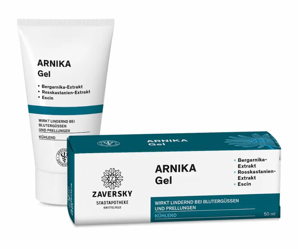 Arnika Gel von Zaversky Stadtapotheke Knittelfeld, weiße Tube mit petrolfarbener Faltschachtel, 50 ml, mit Bergarnika-Extrakt, Rosskastanien-Extrakt und Escin