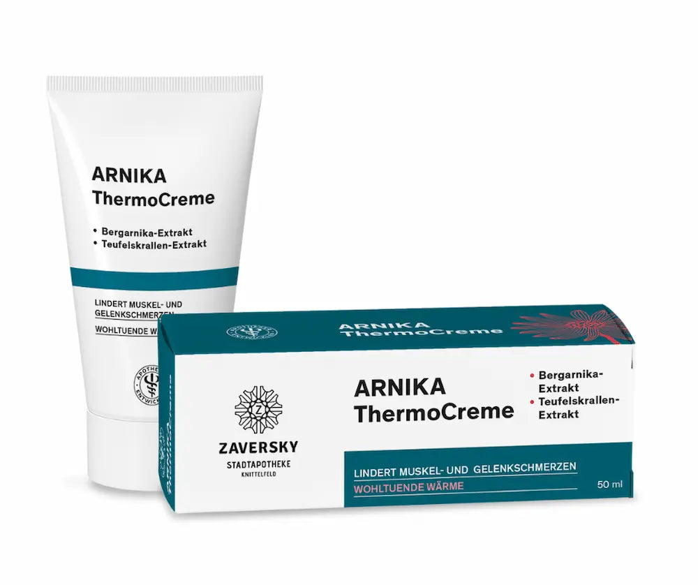 Weiße Tube und Faltschachtel Arnika ThermoCreme von Zaversky mit Bergarnika- und Teufelskrallen-Extrakt, 50 ml