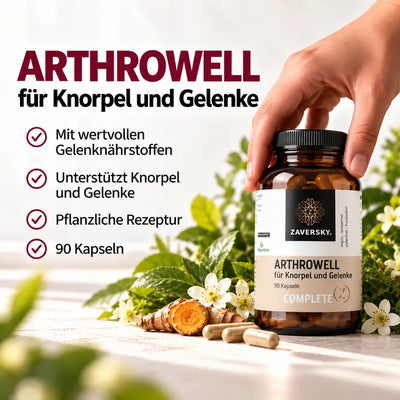 KI generiert - Arthrowell von Zaversky Complete Z: braune Kapseldose mit 90 Kapseln in der Hand, daneben Kurkuma, Blüten und Checkliste mit Merkmalen